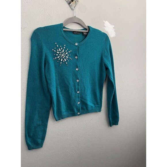 moda international embellished Cashmere Blend Sweater  Women Small Teal Green - Picture 2 of 10